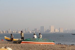 Late afternoon on Mumbai's Chowpatty Beach, with the city centre in the background