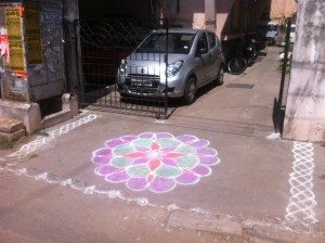 Rangoli at the front of a Chennai house for Puthandu