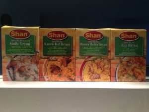 Pakistani's Shan brand of masalas produce a wide range of biryani spice mixes. Sindhi Biryani is a good general spice mix, although specifically-flavoured beef, mutton/lamb and fish masalas are also available. A recommended Indian brand is Everest.