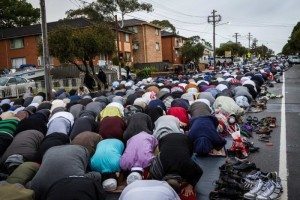 Wangee Road in Lakemba is usually packed out with the faithful on Eid morning, all of whom can't fit into the mosque (Image: ABC)