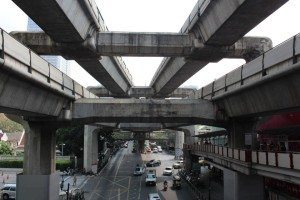 BTS Skytrain dominates the streetscape in Bangkok