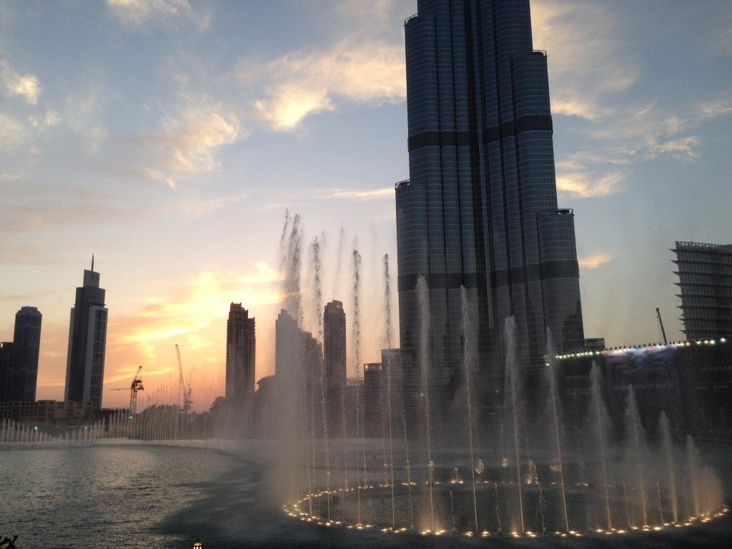 Dancing fountains at the base of Burj Khalifa, just outside Dubai Mall
