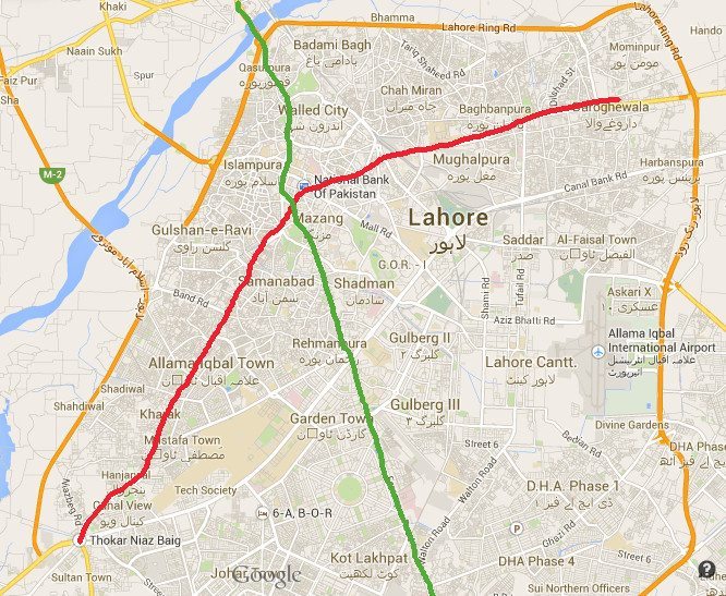 A map showing the proposed MetroTrain project (in red) and the existing MetroBus project (in green). (Image: Google Maps)
