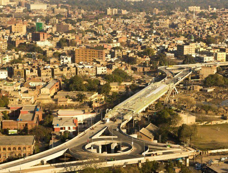 An aerial view of the MAO College bus station, showing the connection to the Multan Road line in the bottom right of the picture, the incomplete road linked to the roundabout (Image: Shahbaz Sharif, Facebook)