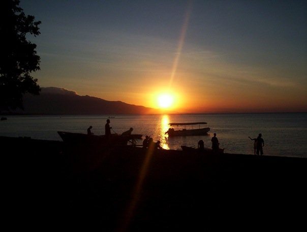 Sunset over Sea World Club's beach at Maumere, Flores
