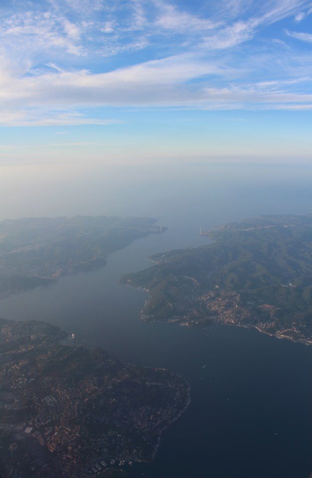 The Bosphorus, with European Turkey on the left, and Asian Turkey on the right. In the distance is the Black Sea.