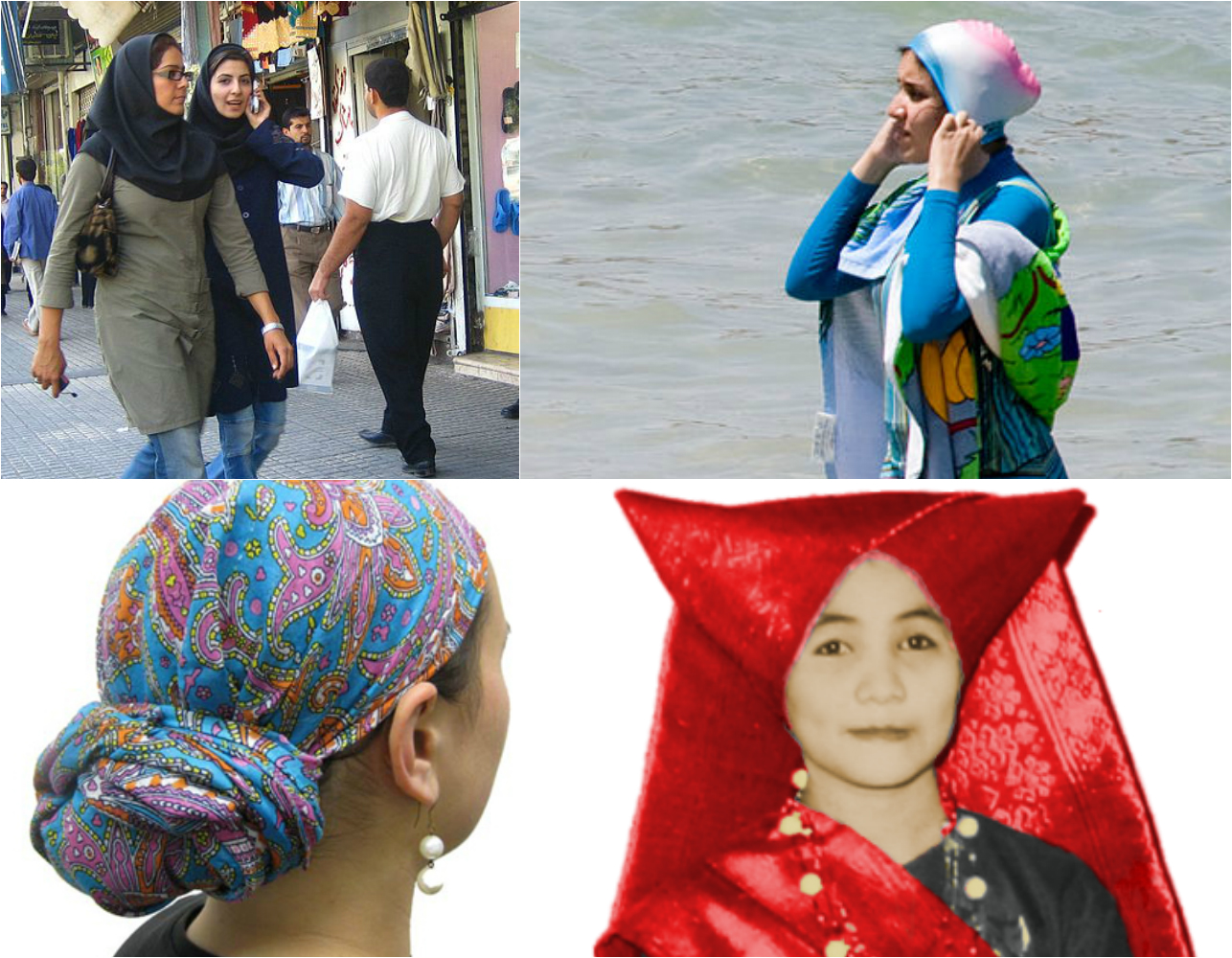 Clockwise from top left: Iranian girls wearing loose headscarves with manteau, a long jacket/coat (Image: Zoom Zoom), the 'Burkini' (Image: Cool Burkini), Muslim Minangkabau lady from the Indonesian island of Sumatra with traditional non-Islamic headgear (Image: Michael J Lowe), and a tichel style head covering popular among some Muslim Turkish women (Image: Anna Gold)