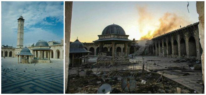 Great Mosque of Aleppo when I visited in 2004 (left), and in 2013 (right), after its destruction during the war (Image: Demotix.com)