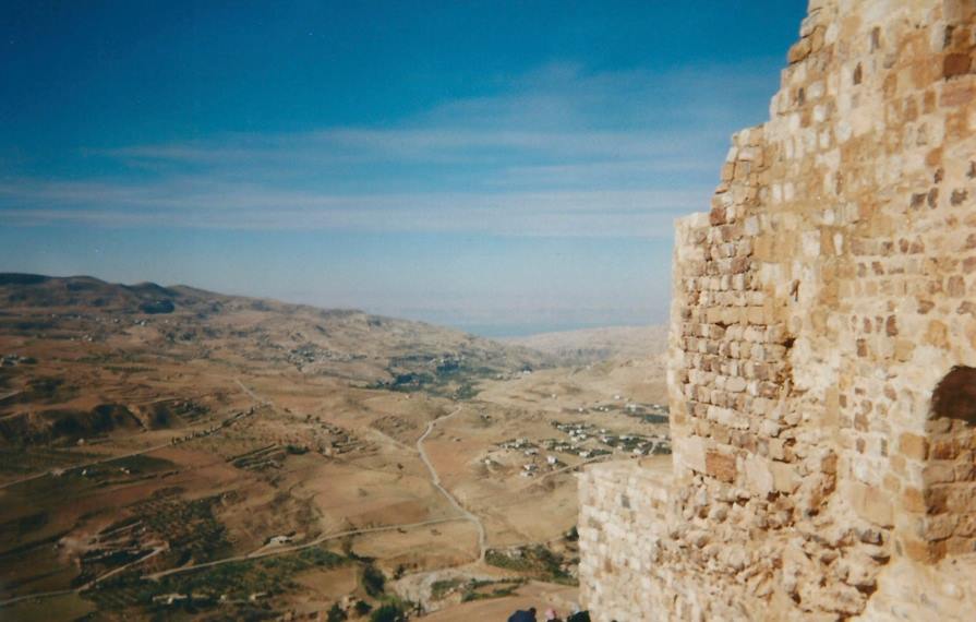 Karak Castle, enroute from Amman to Petra, and with the Dead Sea in the distance