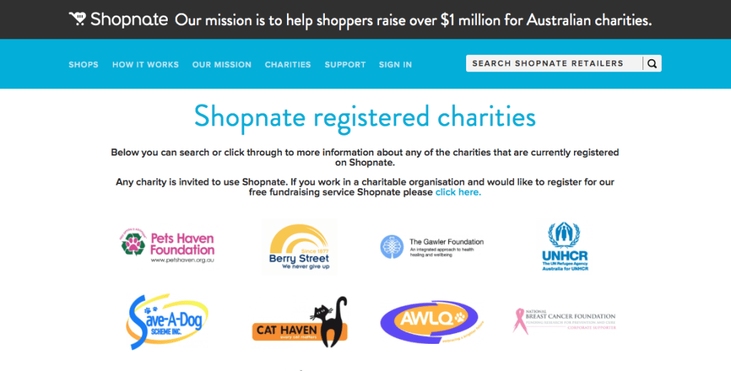 Shopnate's charities are listed on the homepage, along with details of each affiliate agreement