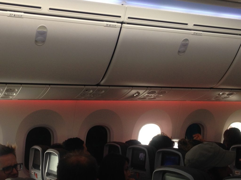 Mood lighting and tinted windows on Jetstar's Dreamliner