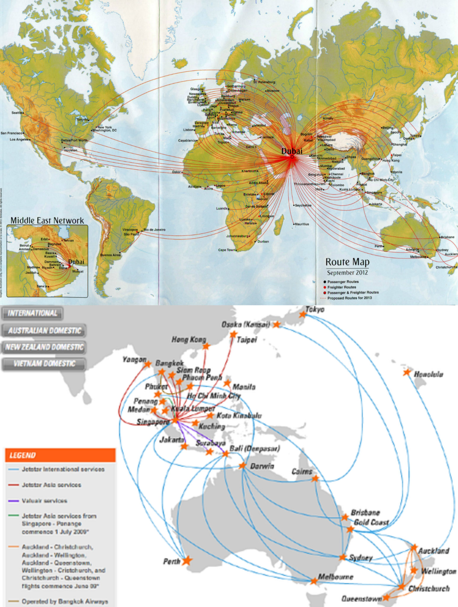 Emirates' 'hub-and-spoke' route map feeds all passengers through Dubai, whereas Jetstar's 'point-to-point' route map offers direct flights from several origins. (Images: Airways News and Centre for Aviation)