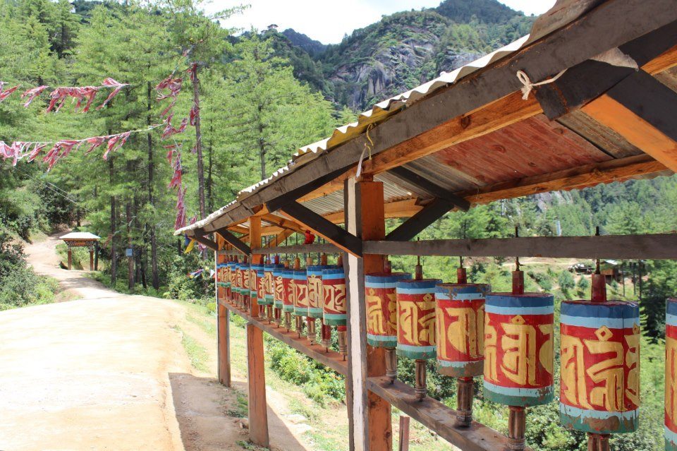 Prayer wheels on the hike to Takhtshang Monastery
