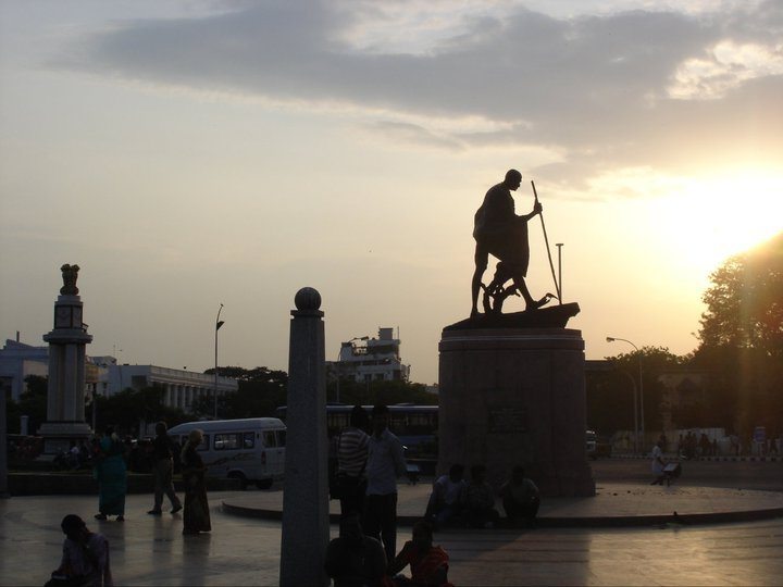 The sun sets over the Gandhi statue at Chennai's Marina Beach on Independence Day a few years ago