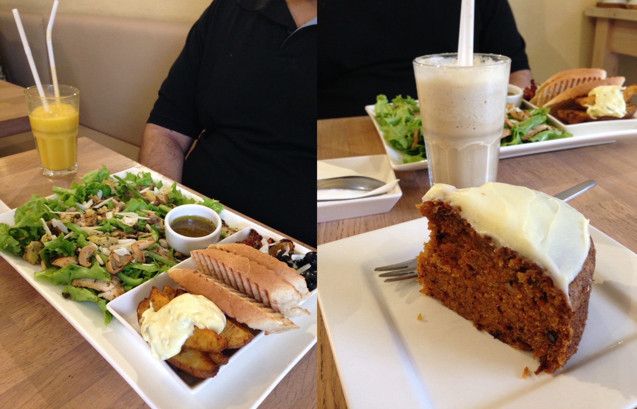 Salad and fresh juice, or carrot cake with iced latte at Mocca