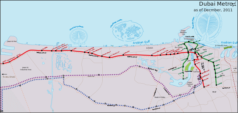 Dubai Metro Map (Click for larger image) Wikimedia Commons, AreJay