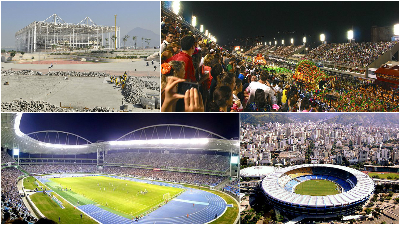 Clockwise from top left; Rio's Olympic Park, under construction in early 2015, at Barra da Tijuca (Image: Tania Rêgo / Agência Brasil, Wikimedia Commons) 2014 Carnival at the Sambadrome, venue for the marathon finish line (Image: Ben Tavener, Wikimedia Commons) Maracanã Stadium (Image: Arthur Boppré, Wikimedia Commons) Engenhão Stadium (Image: Dodoedo, Wikimedia Commons)