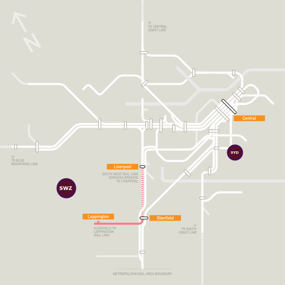 South West Rail Link, highlighted as part of Sydney Trains' network. (Original image: Mqst north)