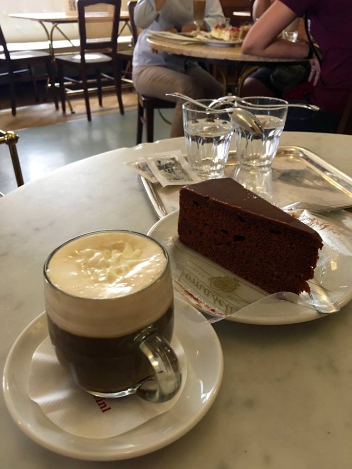 Wiener Melange and chocolate cake at Cafe Tomaselli, one of the few places where we received friendly service in Salzburg