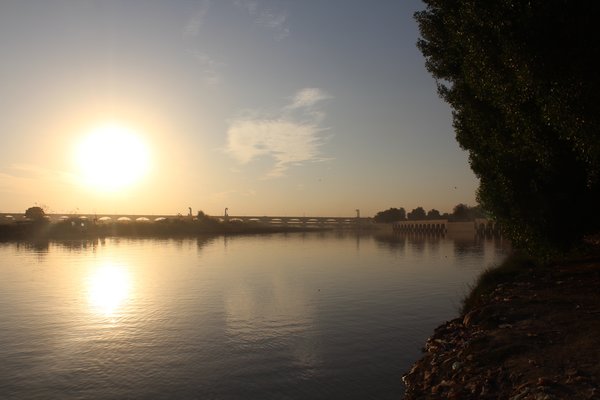 Sunset over the Sukkur barrage and the Indus River