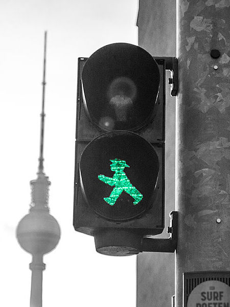The "perky" East German style pedestrian signal that was retained after reunification (Image: LucasGM58, Wikimedia Commons)