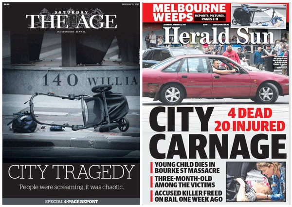 The front pages of Melbourne's most popular newspapers the day after the attack. (Source: Twitter)